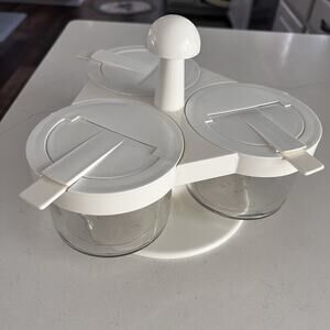 Vtg GEMCO Lazy Susan Condiment Server Rotating Base Clear Glass White Top 7 Pcs